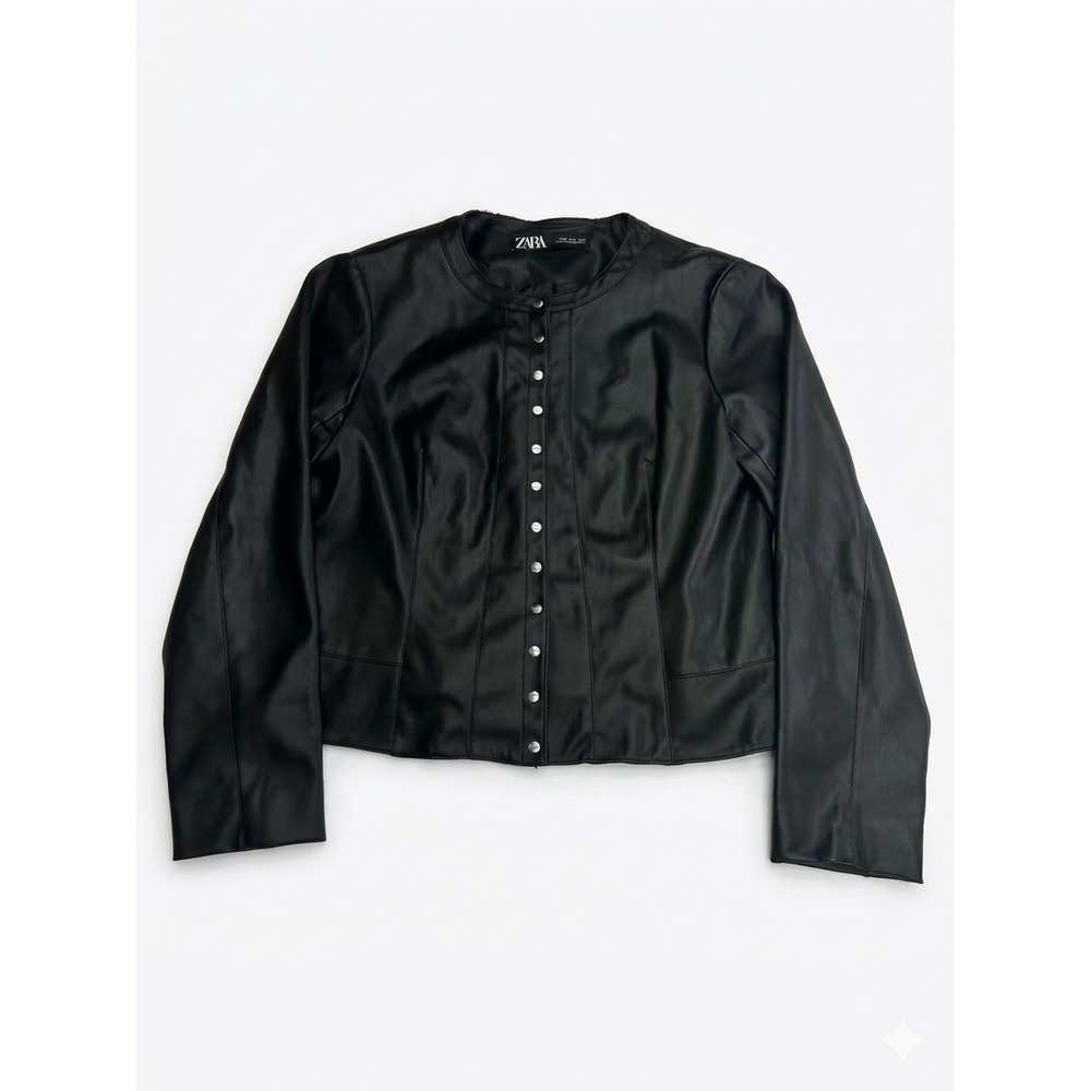 Zara Faux Leather Jacket Womens XL Black Good Snap Front Collarless Tailored